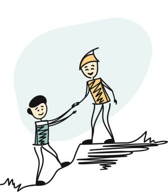 Adam Hiking, ekip çalışmasına yardım yardım. Karikatür kroki co