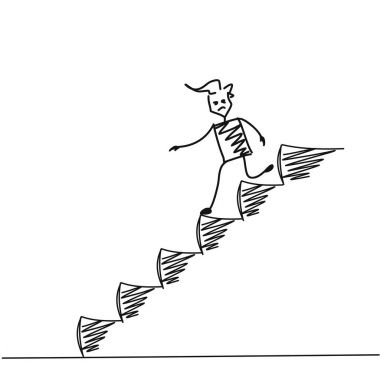 Merdivenlerden inip, karikatür elle çizilmiş vektör arka plan üzerinde adam.
