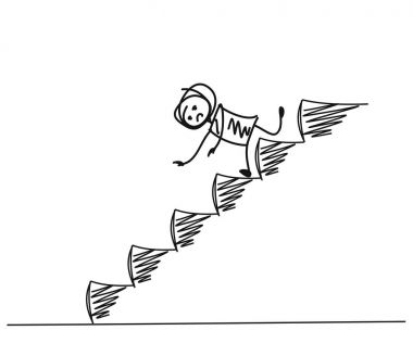 Aşağı merdivenlerde, karikatür el çizilmiş vektör arka plan düşen adam