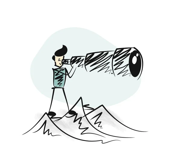 Hombre mirando a través del telescopio de la cima de la montaña. Sketc dibujado a mano — Vector de stock