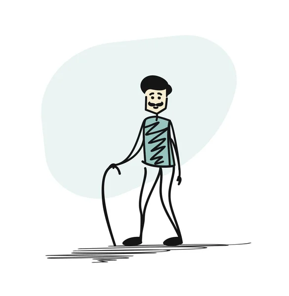 Un vieil homme. Un vieil homme marchant sur la canne. Dessin animé main Dra — Image vectorielle