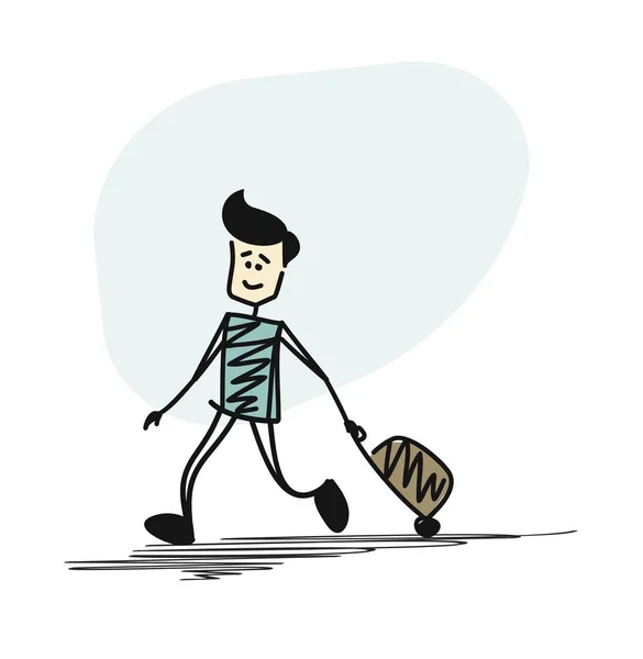 スーツケース、漫画手描かれたスケッチ ベクトル バックで走っている人 — ストックベクタ