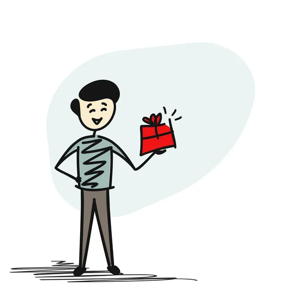 Homme boîte cadeau tenant la main, dessin animé dessiné à la main concept iso — Image vectorielle
