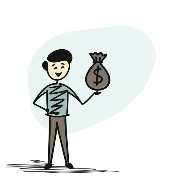 Επιτυχημένος επιχειρηματίας που κρατά χρήματα τσάντα, έννοια σκίτσο κινουμένων σχεδίων — Διανυσματικό Αρχείο