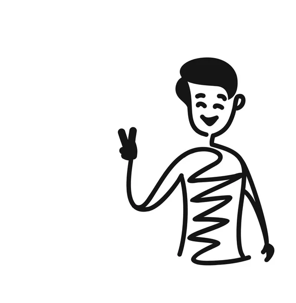Ο άνθρωπος που δείχνει το σήμα της νίκης, εικονογράφο κινουμένων σχεδίων το χέρι που σκίτσο διάνυσμα — Διανυσματικό Αρχείο
