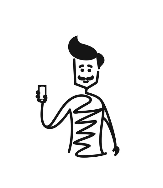 Homme tenant à la main un téléphone à écran vide, dessin animé dessiné à la main Croquis V — Image vectorielle