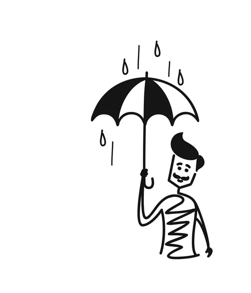 Homme tenant parapluie sous la goutte de pluie, dessin animé dessiné à la main Ske — Image vectorielle