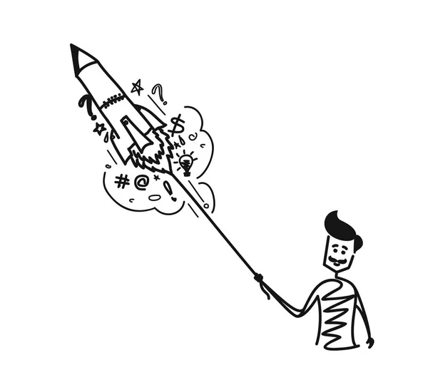 Mann raunt Rakete mit Doodles Element, Cartoon Hand gezeichnet sk — Stockvektor