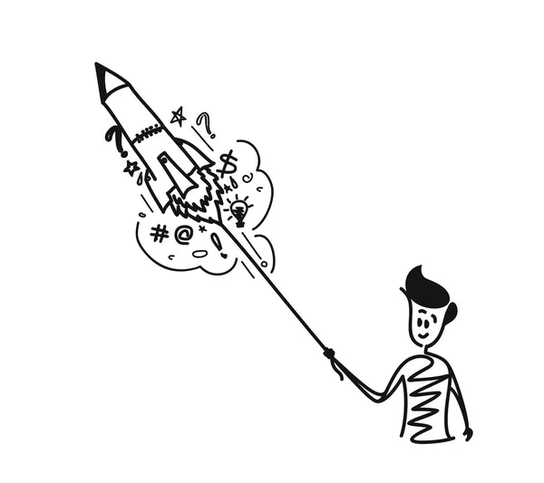 Mann raunt Rakete mit Doodles Element, Cartoon Hand gezeichnet sk — Stockvektor