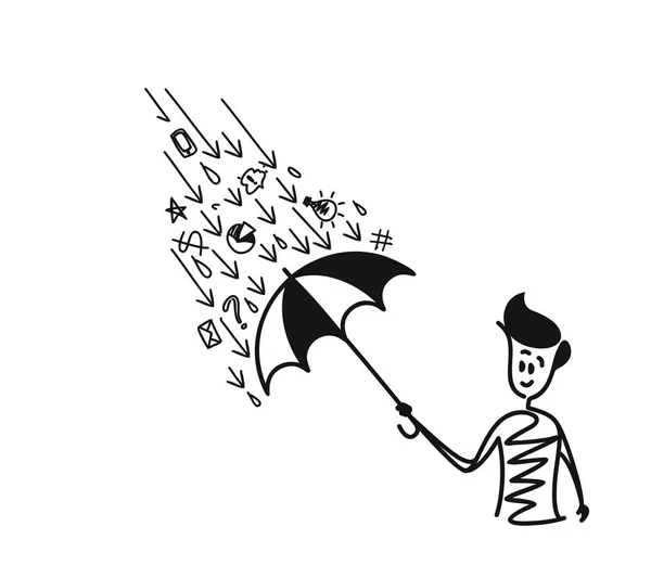 Man holding umbrella under the rain drop with doodle, Cartoon Ha — Stock Vector