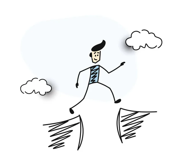 Hombre saltar a través de la brecha entre la colina, dibujos animados dibujado a mano boceto — Vector de stock