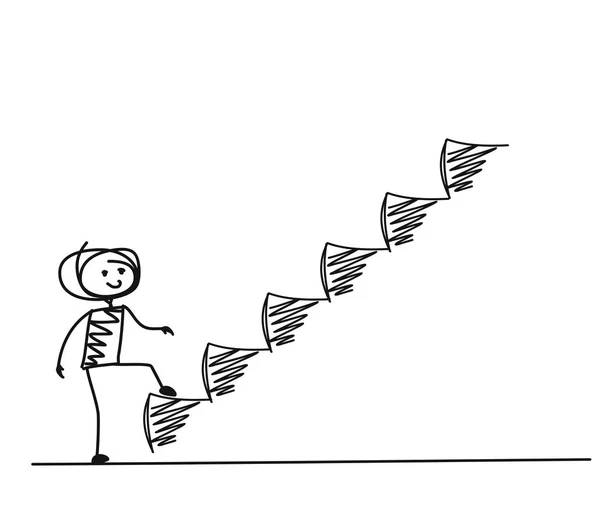 El hombre dando el siguiente paso o logro, dibujos animados dibujado a mano Vector B — Vector de stock