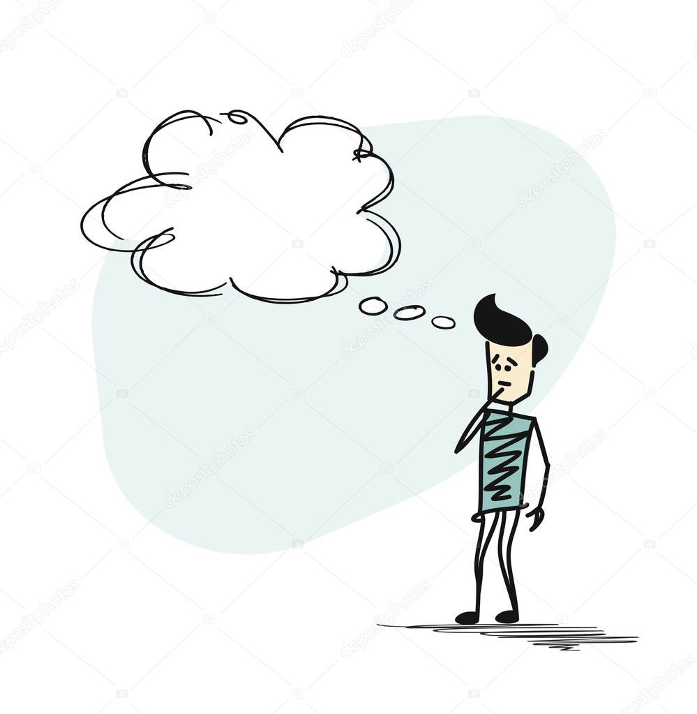 Man looking at the thought bubble, Cartoon Hand Drawn Vector Bac