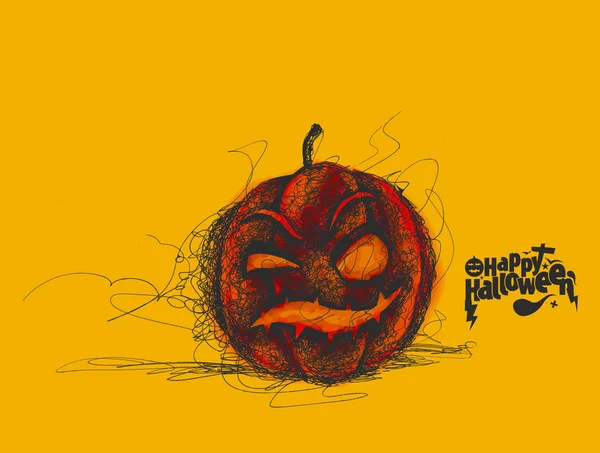 Feliz abóbora Halloween isolado no fundo amarelo, mão desenhar — Vetor de Stock