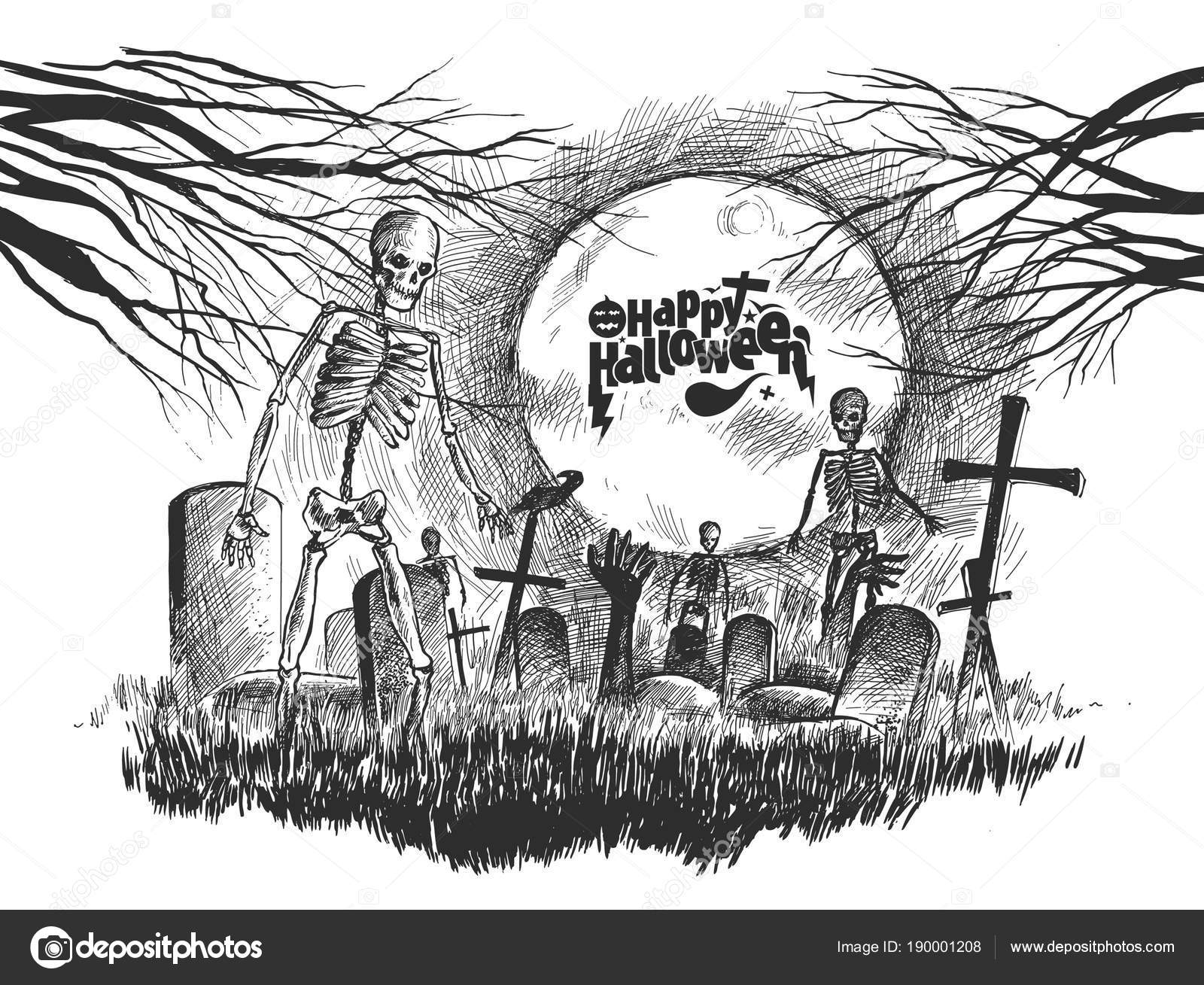 Scary graveyard - Halloween white background, Hand Drawn Sketch Stock  Vector Image by ©redshinestudio #190001208