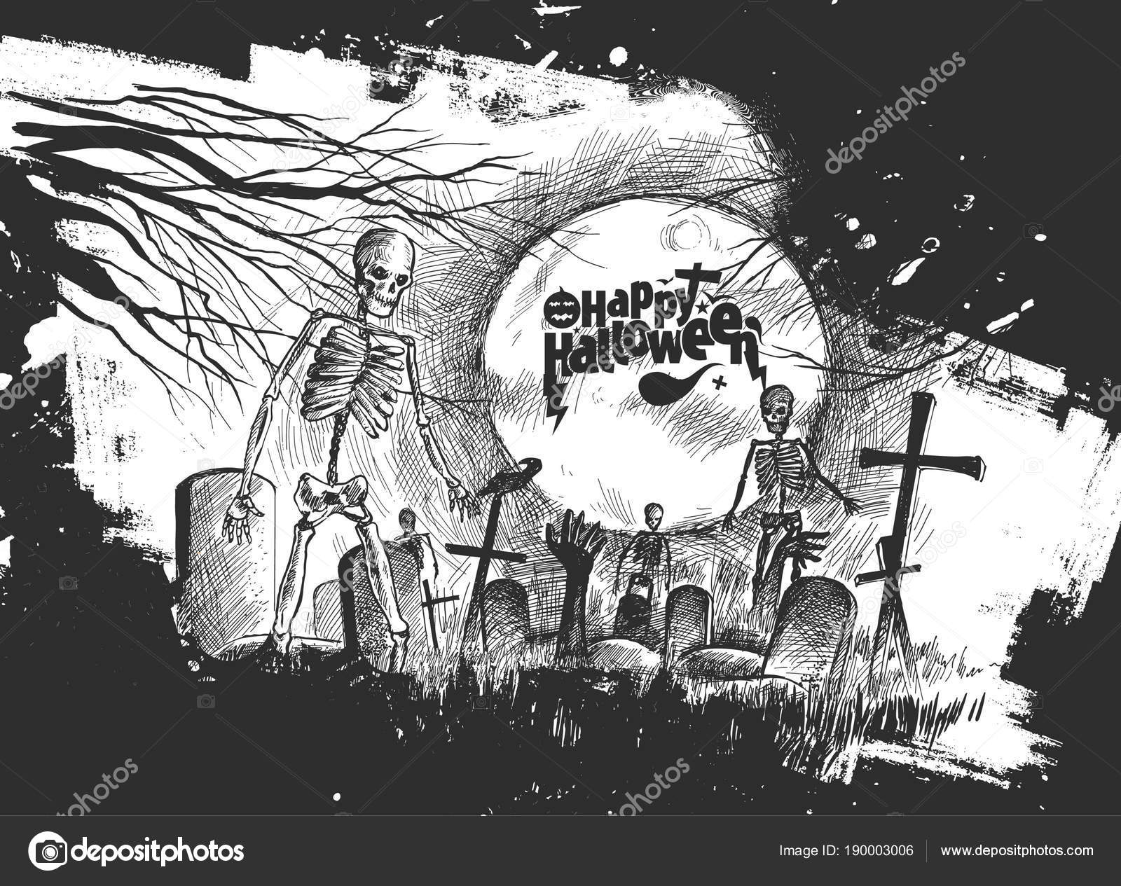 Scary graveyard - Halloween black background, Hand Drawn Sketch Stock  Vector Image by ©redshinestudio #190003006
