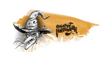 Mutlu Halloween cadı yüz! Yazı tebrik kartları tüm hol için
