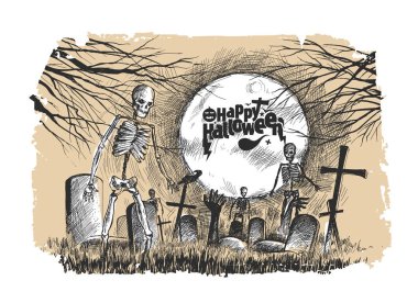 Korkunç mezarlık - Halloween beyaz arka plan, elle çizilmiş kroki 