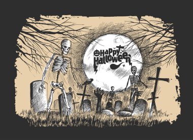 Korkunç mezarlık - Halloween siyah arka plan, elle çizilmiş kroki 