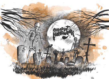 Korkunç mezarlık - Halloween beyaz arka plan, elle çizilmiş kroki 