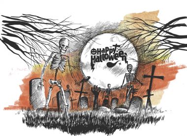 Korkunç mezarlık - Halloween beyaz arka plan, elle çizilmiş kroki 