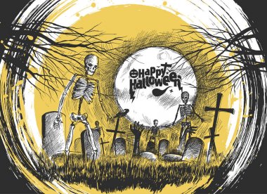 Korkunç mezarlık - Halloween sarı arka plan, elle çizilmiş kroki