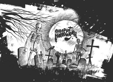 Korkunç mezarlık - Halloween siyah arka plan, elle çizilmiş kroki 