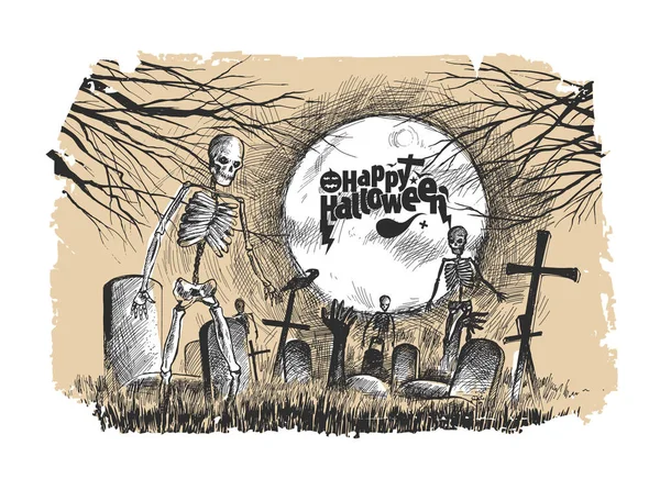 Félelmetes temető - Halloween fehér háttér, kézzel rajzolt vázlat — Stock Vector