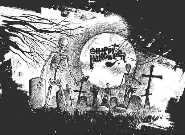 Korkunç mezarlık - Halloween siyah arka plan, elle çizilmiş kroki 