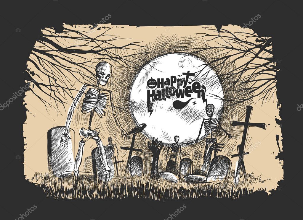 Scary graveyard - Halloween black background, Hand Drawn Sketch — Stock