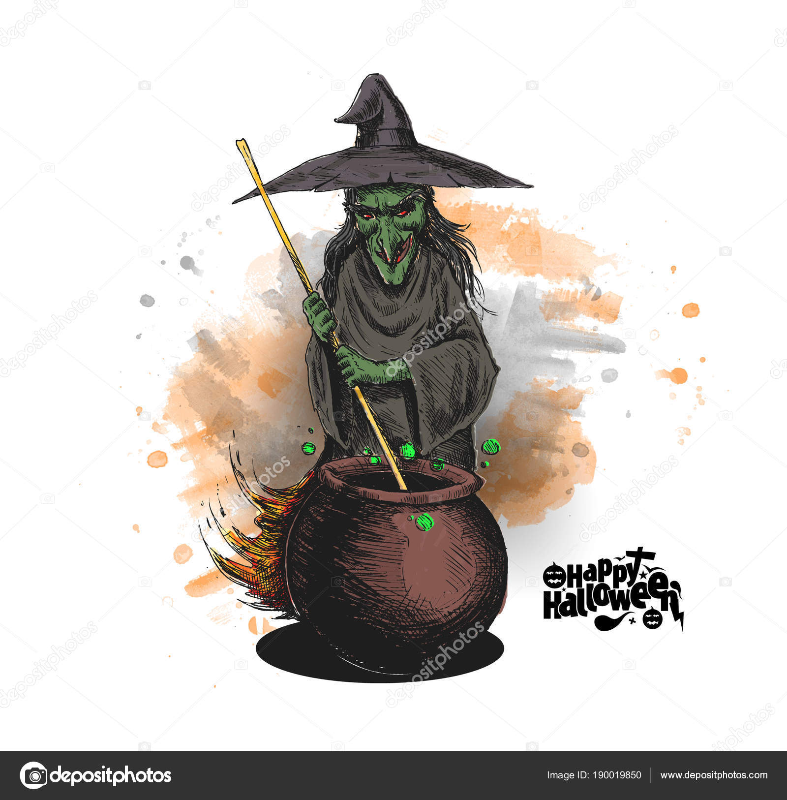 Download - Witch cooking potion in pot with Text Happy Halloween, Hand Draw...