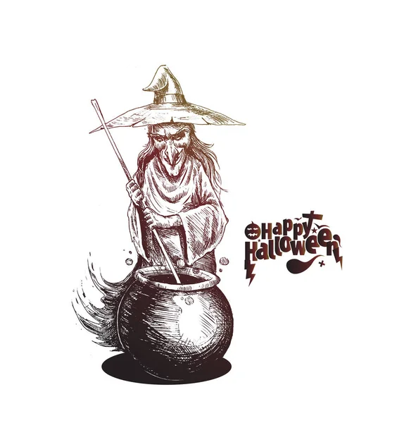 Potion de cuisson sorcière en pot avec texte Joyeux Halloween, Dessin à la main — Image vectorielle