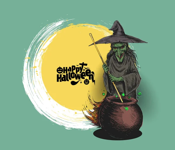 Potion de cuisson sorcière en pot avec texte Joyeux Halloween, Dessin à la main — Image vectorielle