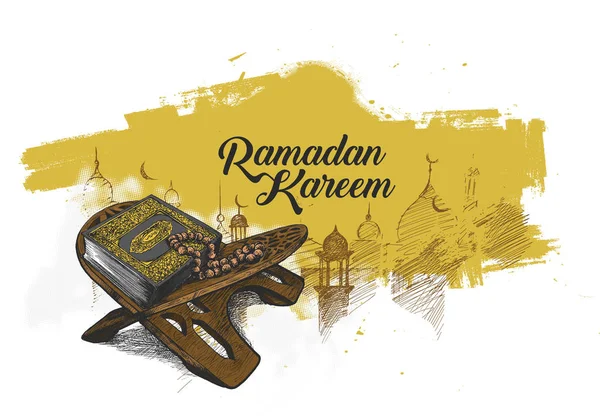 El libro sagrado del Corán en el stand con caligrafía con estilo — Archivo Imágenes Vectoriales