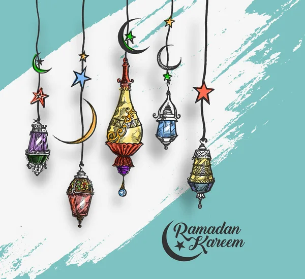 Eid Mubarak fundo com bela lâmpada árabe iluminado um —  Vetores de Stock