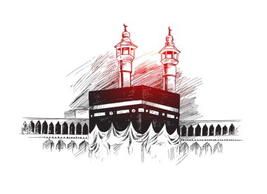 Kutsal Kabe Mekke Suudi Arabistan, elle çizilmiş kroki vektör illus