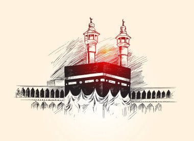 Kutsal Kabe Mekke Suudi Arabistan, elle çizilmiş kroki vektör illus
