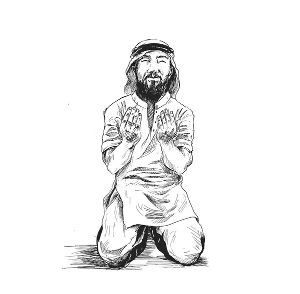 이슬람 사람 기도, 손으로 그린 스케치 벡터 배경. — 스톡 벡터