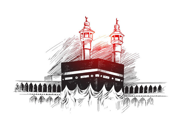 Holy Kaaba in Mecca Saudi Arabia, Hand Drawn Sketch Vector illus