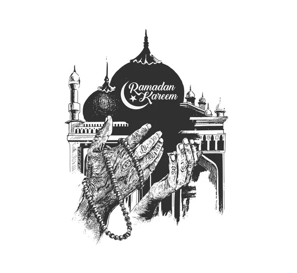 Рамадан Карім мечеть або Масджид з молитися руки з Розарій. — стоковий вектор