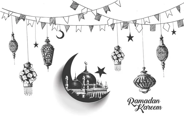 Eid Mubarak fundo com bela lâmpada árabe iluminado um — Vetor de Stock