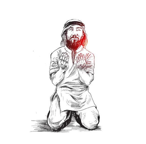 Muslim man praying, Hand Drawn Sketch Vector Background. Stock Illustration