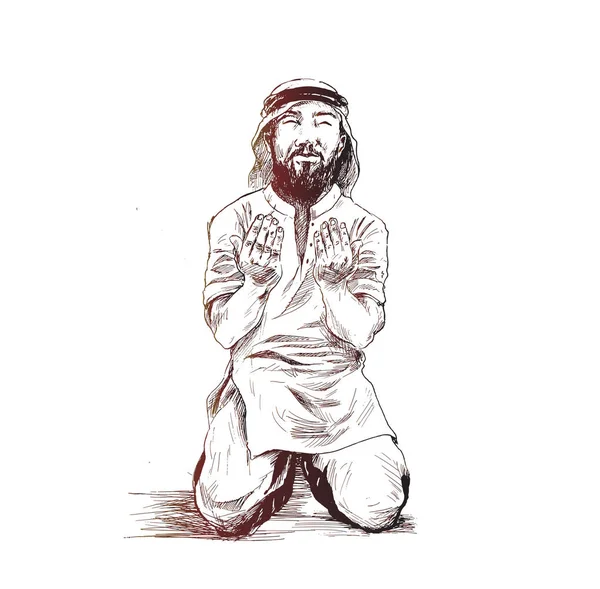 Muslim man praying, Hand Drawn Sketch Vector Background. Vector Graphics