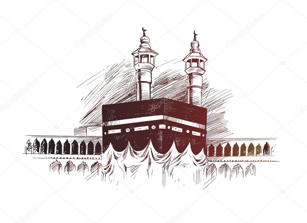 Holy Kaaba in Mecca Saudi Arabia, Hand Drawn Sketch Vector illus