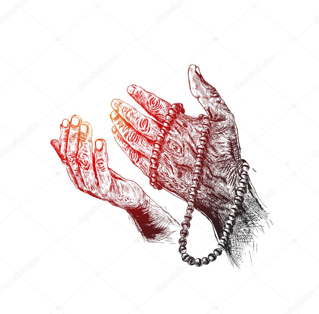 Praying hands with rosary, Hand Drawn Sketch Vector Background.