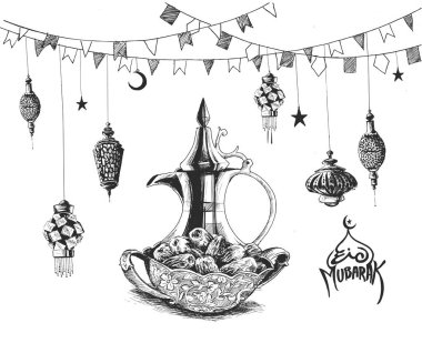 Ramazan Kareem Iftar parti kutlama, elle çizilmiş kroki vektör
