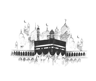Kutsal Kabe Mekke Suudi Arabistan, elle çizilmiş kroki vektör illus