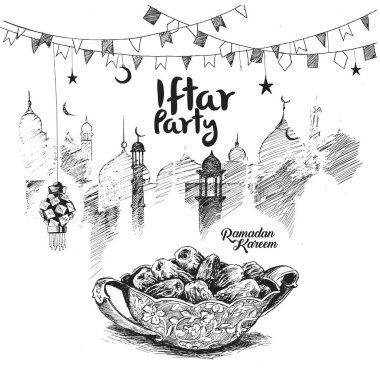 Ramazan Kareem Iftar parti kutlama, elle çizilmiş kroki vektör
