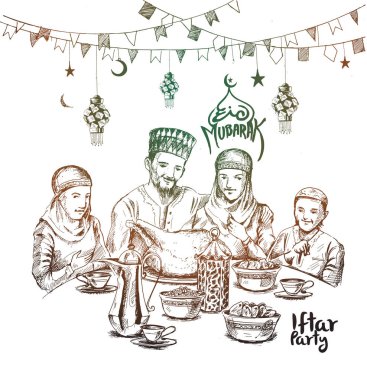 Mutlu Müslüman aile Ramazan Kareem Iftar parti kutlama, el