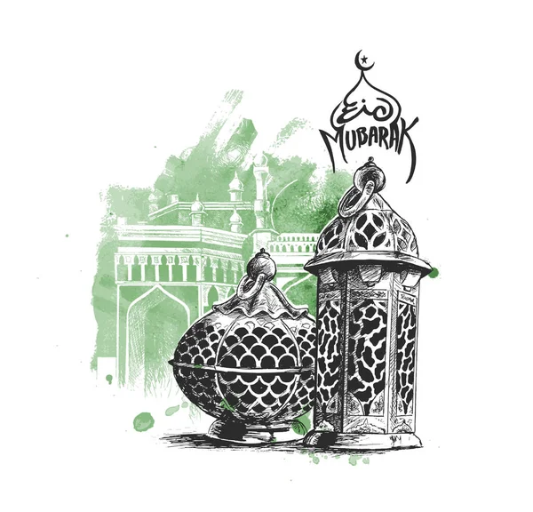Eid Mubarak fundo com bela lâmpada árabe iluminado um —  Vetores de Stock